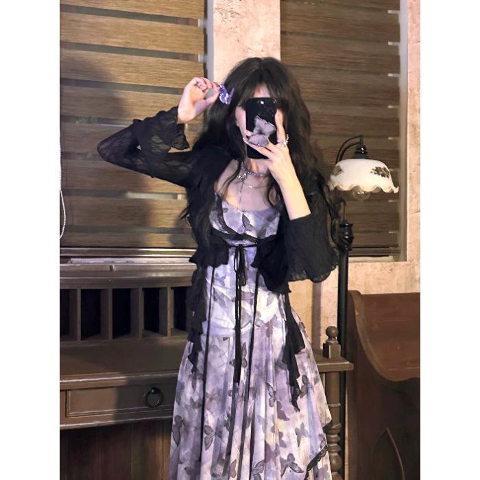 French Retro Butterfly Floral Suspender Fairy Dress Female Summer New Temperament Waist Thin Mesh Dress