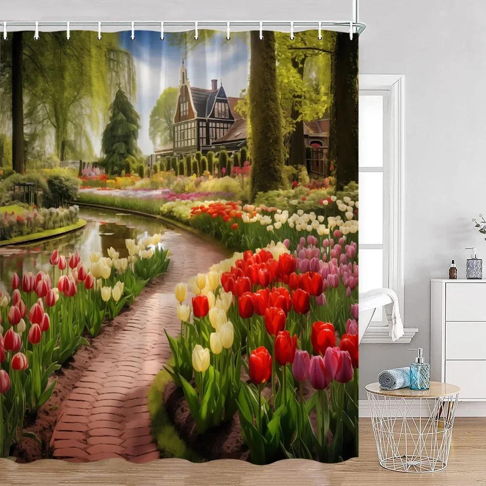 Colorful Flowers Green Plants Shower Curtain Trees Spring Landscape River Tulip Bathroom Curtain Polyester Bathroom Decoration