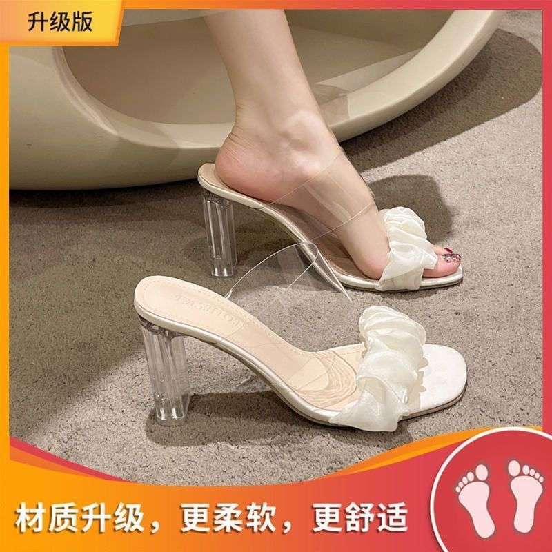 Sandals Women's Outer Wear Summer New 2025 Crystal Transparent Thick Heel French Sandals Slippers Summer High Heels Women