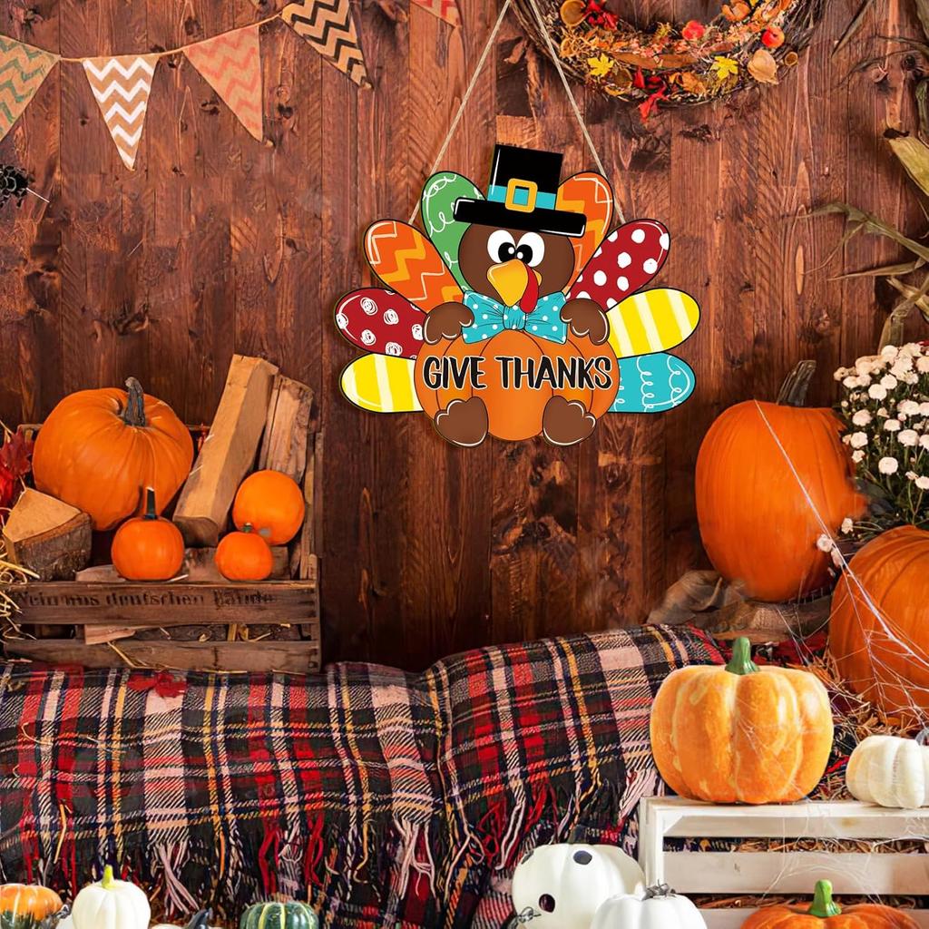 Thanksgiving Decoration Wooden Turkey Pumpkin Door Wreath for Front Door Sign Wall Signs, Thankful Blessed Grateful Pumpkin Sign Hanging for Fall