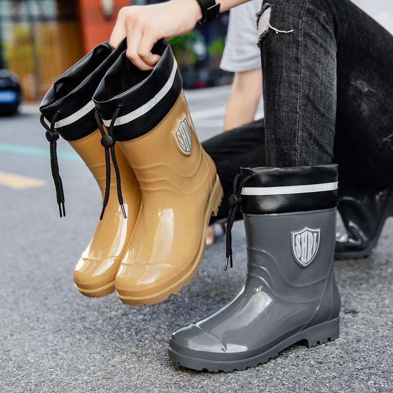 Mid-calf Rain Boots Men Slip-On Waterproof Rubber Rain Shoes Work Mud Boots Warm Durable Non-Slip Boots Farming Fishing Footwear