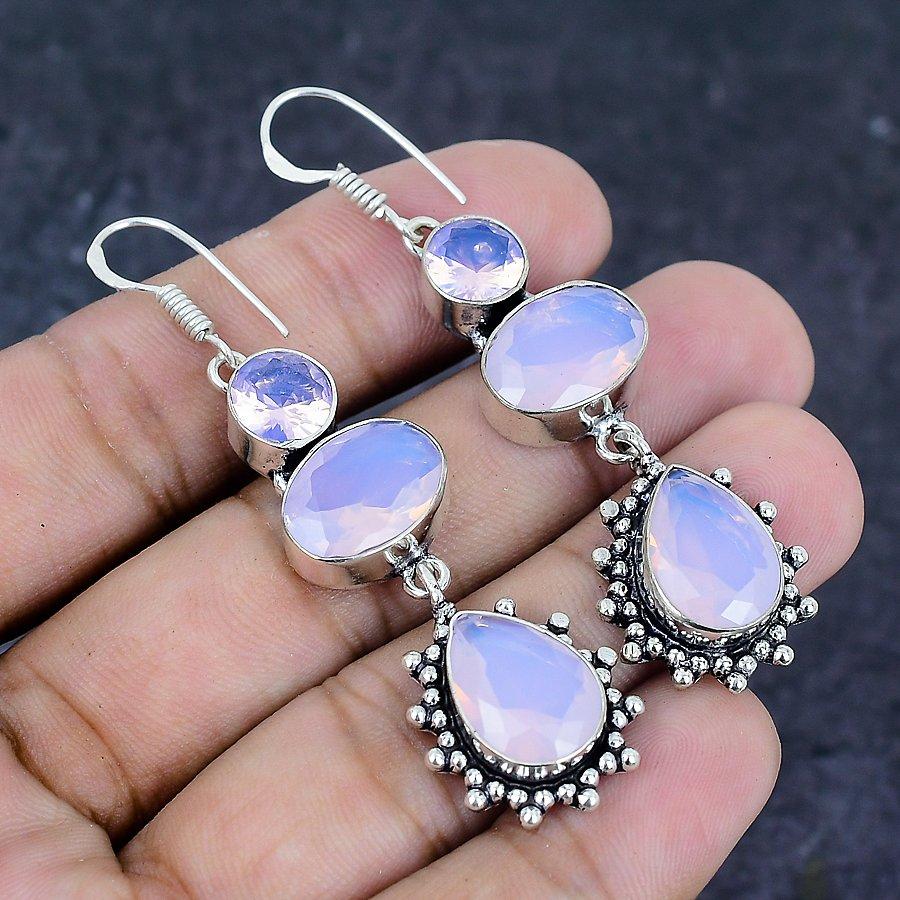 Natural Milky Opal Gemstone Handmade 925 Sterling Silver Earring 2.56" A1B80