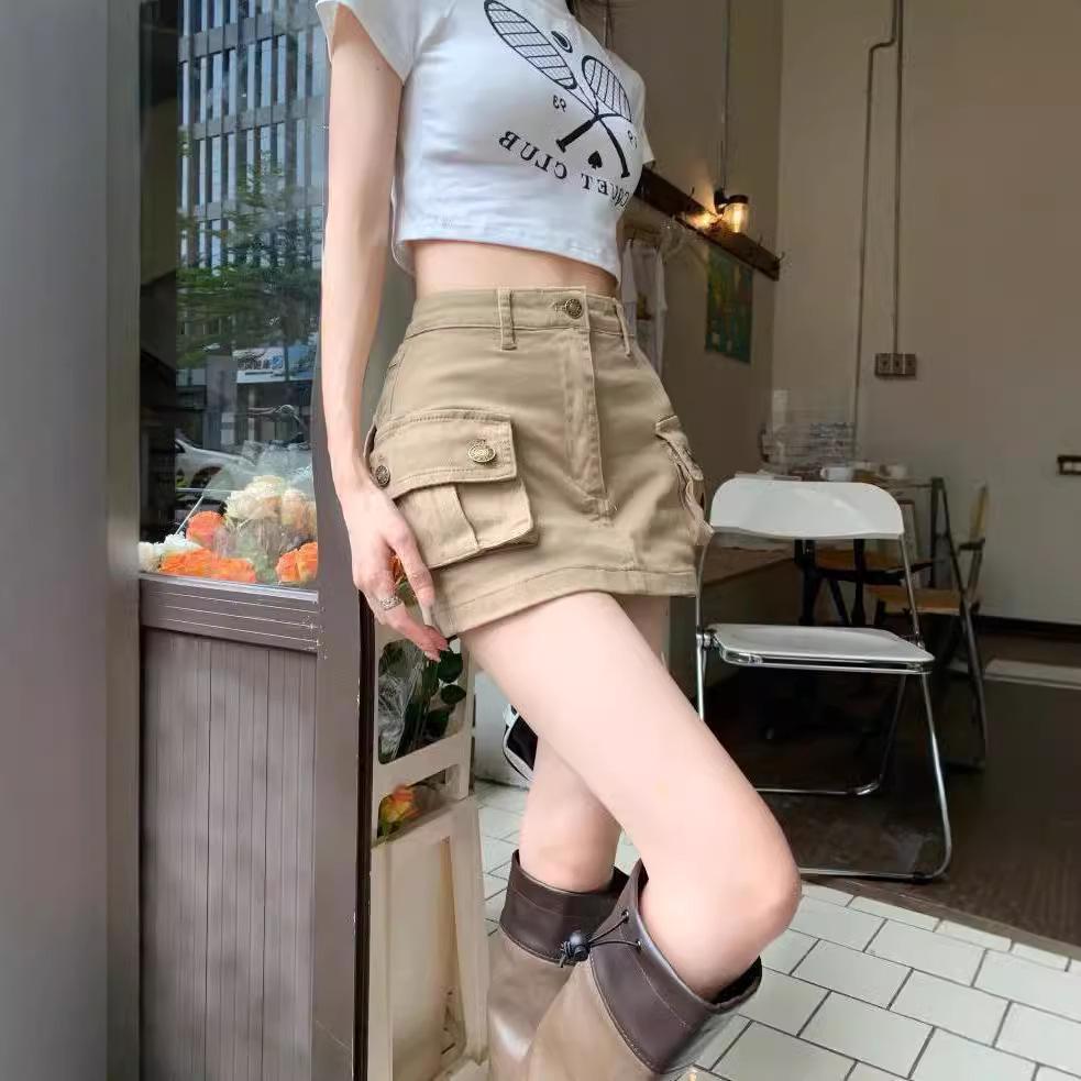 

Women s High-Waist Khaki Denim A-Line Skirt – Slim, Retro, & Summer-Ready XS