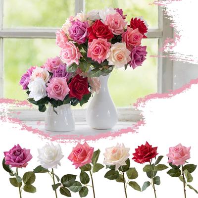 Artificial Rose Flower Stem Realistic Silk Rose Blossom with Green Leaves for Home Wedding Party Decoration and Craft Projects