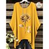 Summer New Women's Plus Casual Gold Rose Pattern Printed Bat Sleeve Round Neck Short Sleeve T-shirt