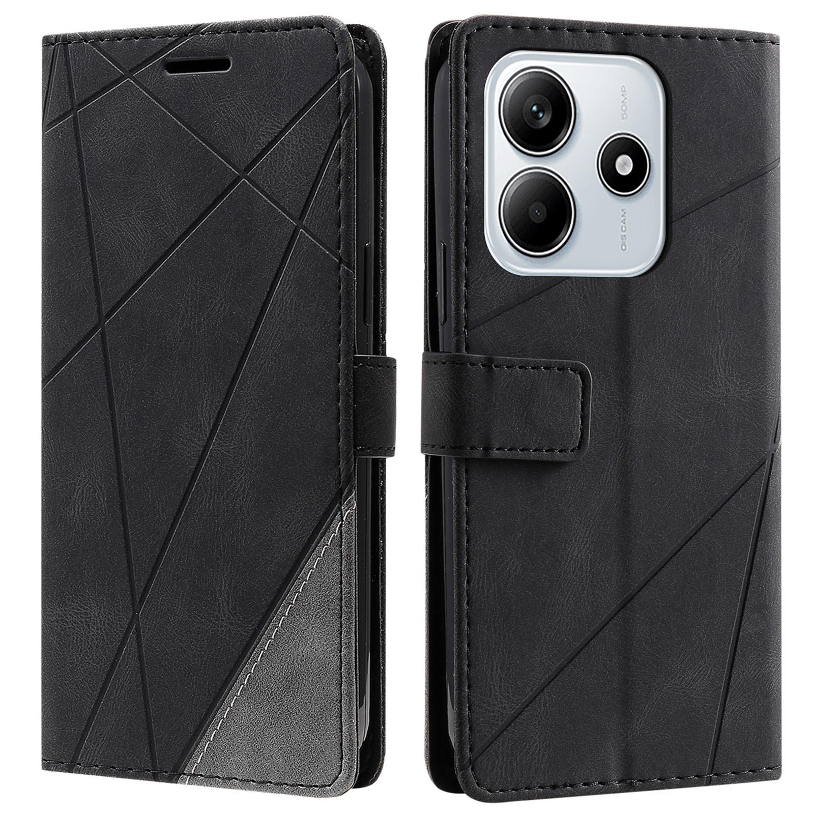 

For Xiaomi Redmi Note 14 5G Case Imprinted Lines PU Leather Splicing Wallet Phone Cover Black