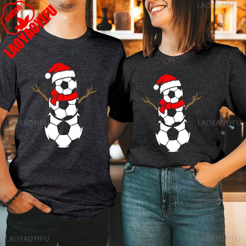 FOOTBALL SNOWUnisex Christmas Cotton TShirt Rudolph Reindeer Santa Hat Festival Gift Soccer Ball Costume Xmas Family Holiday Shirt