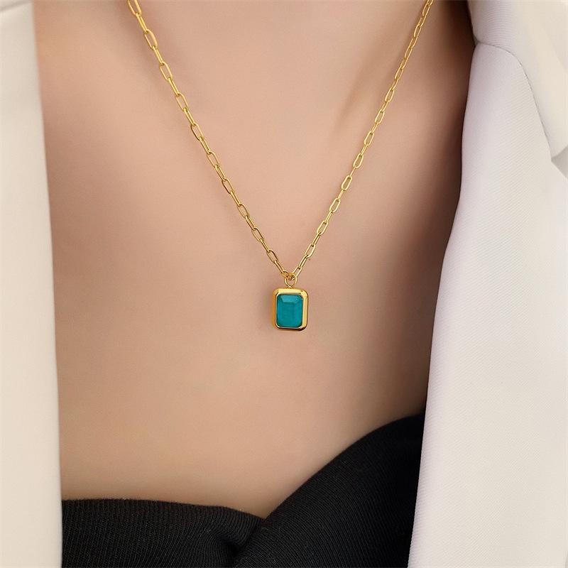 Glacier Blue-Green Diamond Square Necklace with 18K Gold-Plated Titanium Steel Clavicle Chain