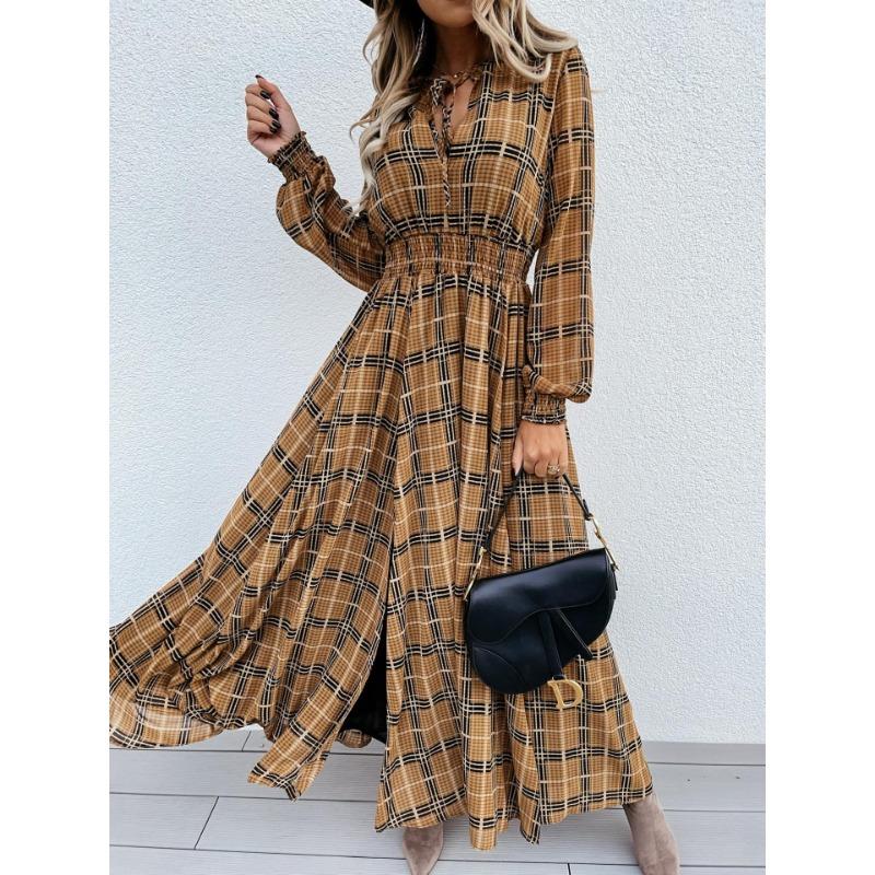 

Women s Plaid Print Long Sleeve Waist Slit Dress 2XL
