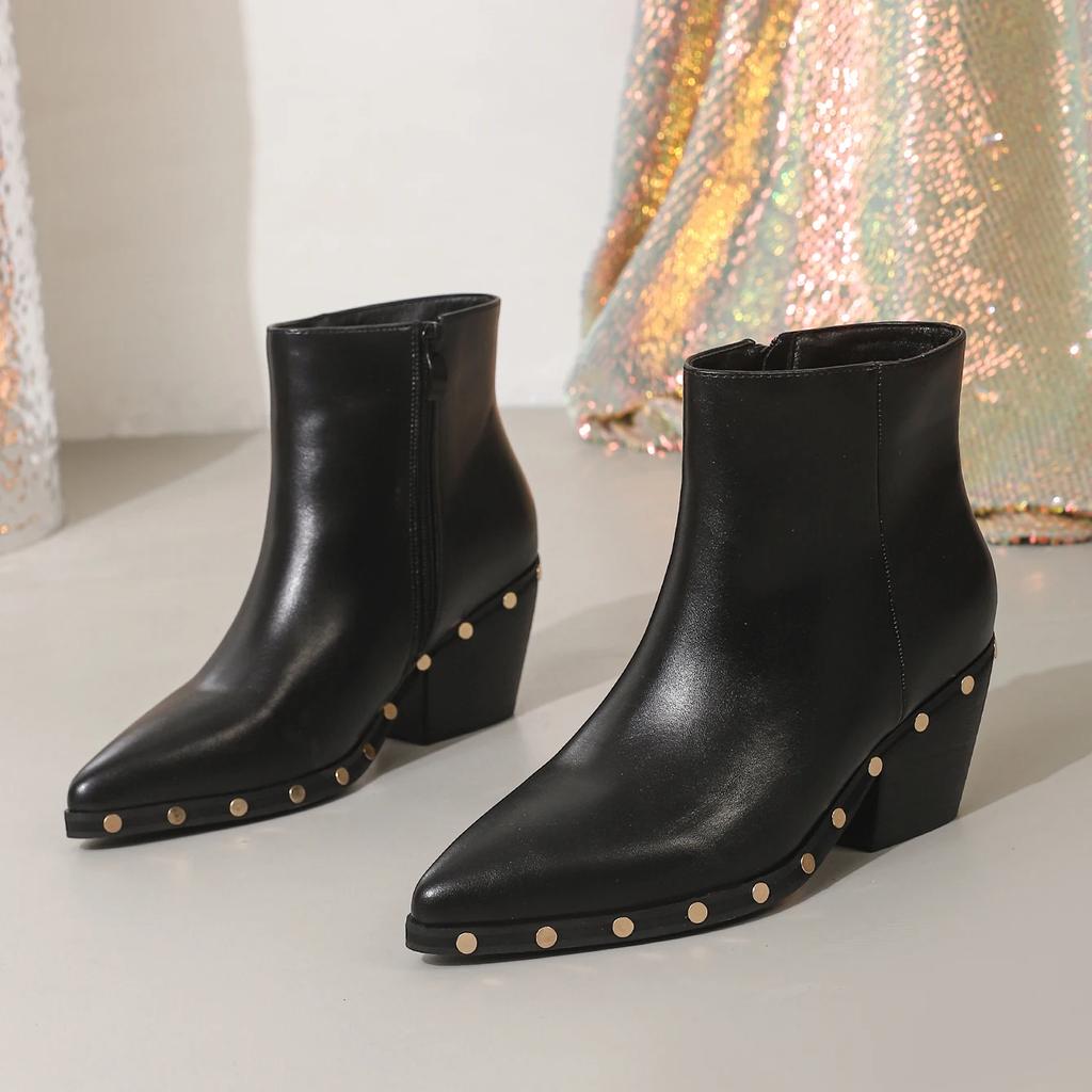  Autumn/Winter New Short Boots for Women, Metal Rivet Edges, Pointed Thick High Heels, Casual Women's Boots
