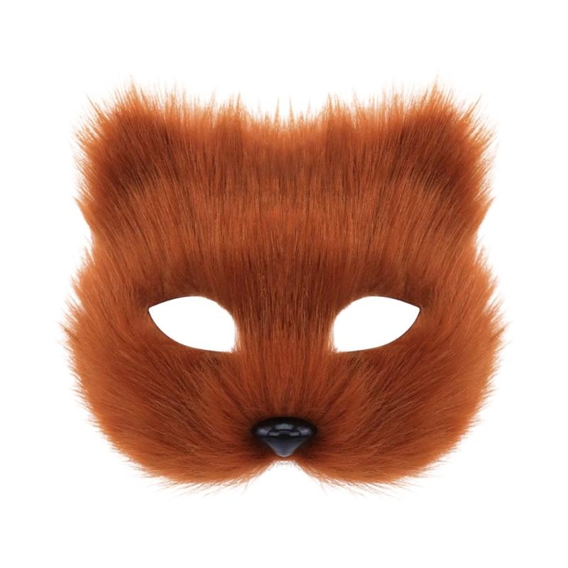 Plush Animal Cats Face Mask Furry Animal Half Face Mask for Men Women Masquerade Halloween Cosplay Costume Accessory коричневый/красный
