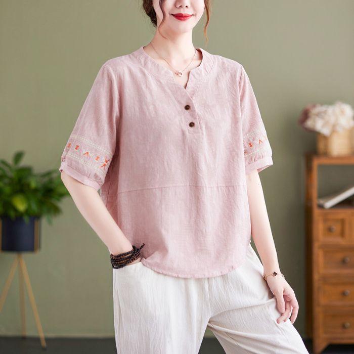 

Plus Size Cotton Linen Jacquard Embroidered Top and Pants Set for Middle-Aged Women s Summer Fashion 3XL [72.5-82.5 kg]