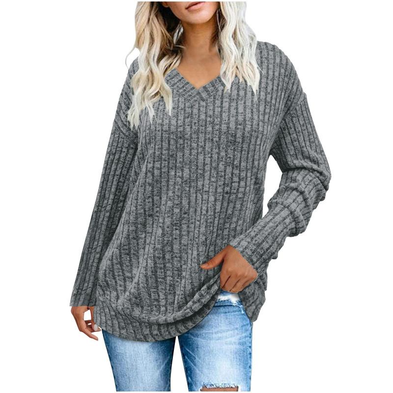 2026 wish women's long-sleeve V-neck ribbed brushed knit top T-shirt