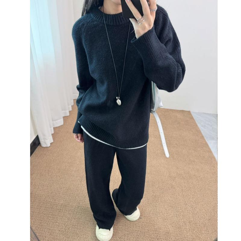 Crew Neck Fashion Suit Autumn and Winter New Lazy Style Casual Wide-leg Trousers Top Knitted Sweater Two-piece Set