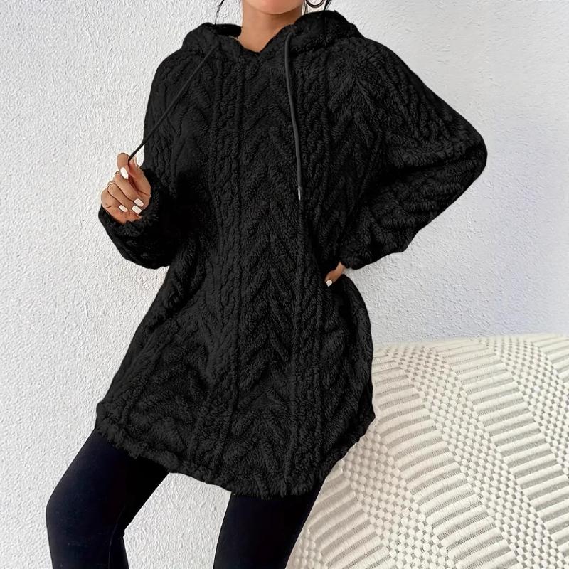 Women's Solid Color Hooded Jacquard Long Sleeve Jacket Slim Drawstring Furry Sweatshirt