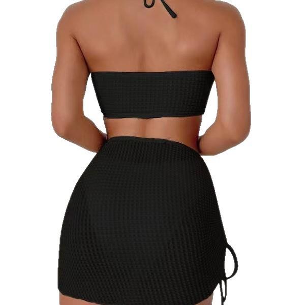 European And American Solid Color New Neck Sexy Swimsuit Skirt Three-Piece Split Bikini Swimsuit Russia