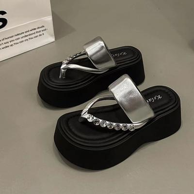 2025 New Summer Ins Sandals Small Muffin Popular Flip-flops Wear Korean Version of Premium Rhinestone Slippers