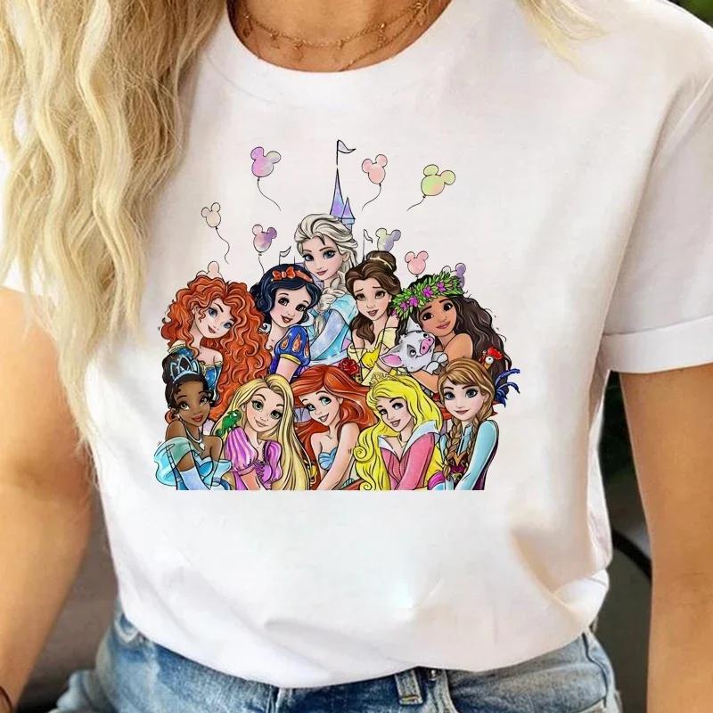 Fashion Cartoon Princess Printed T Shirt Watercolor Magic Castle Princess Women T Shirt Short Sleeves Crew Neck FeUnisex Clothes