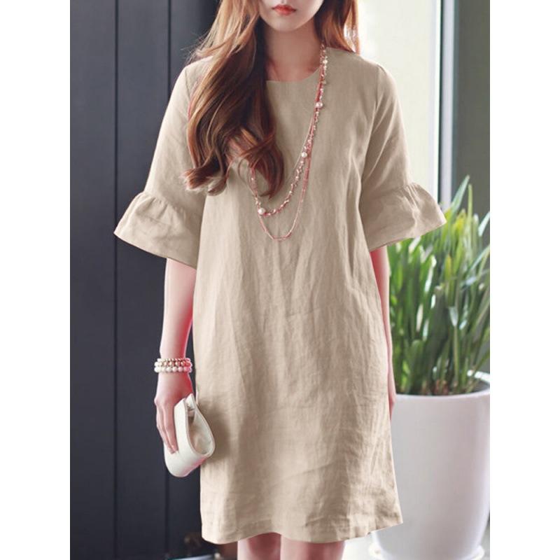 Bomull Lin Kjole Dame Sommer Kort Erme Casual Løs Kjole Dame Gate T-skjorte Kjole Vestidos