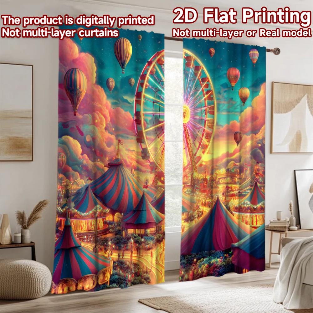 2D flat printing 2pcs Party Curtain Carnival Festival Ferris Wheel Hot Air Balloons Digital Printed Polyester Drapes Festive