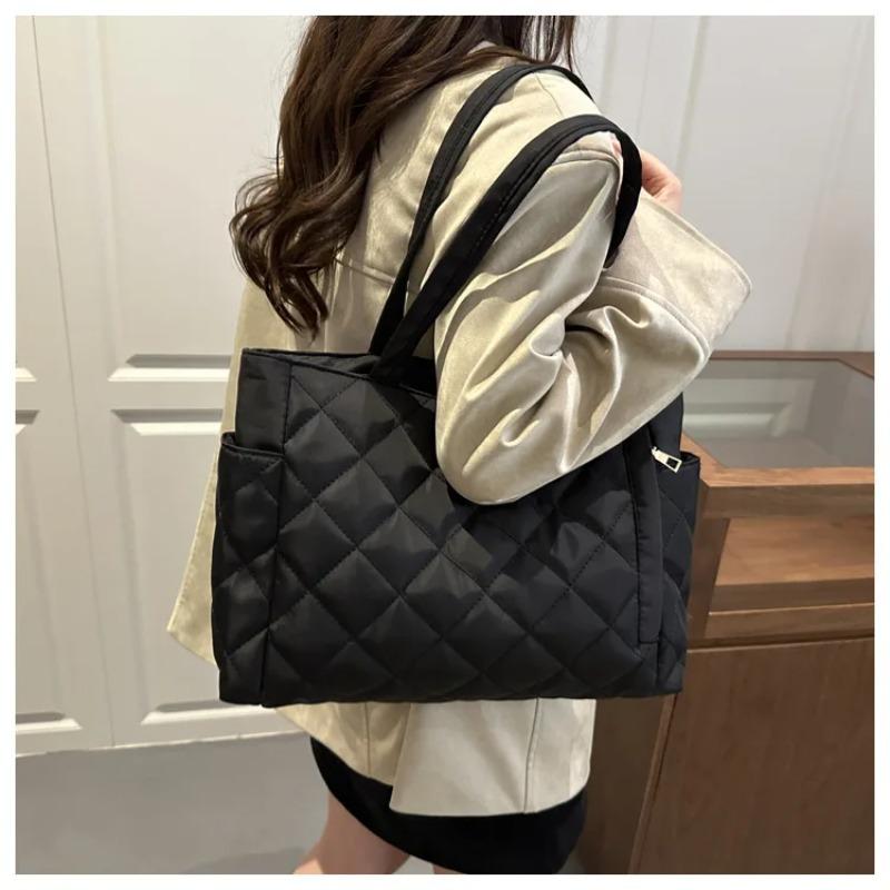 Simple Quilted Design Shoulder Bags for Women Large Capacity Ladies Shopping Tote Bag Versatile Solid Color Female Handbags