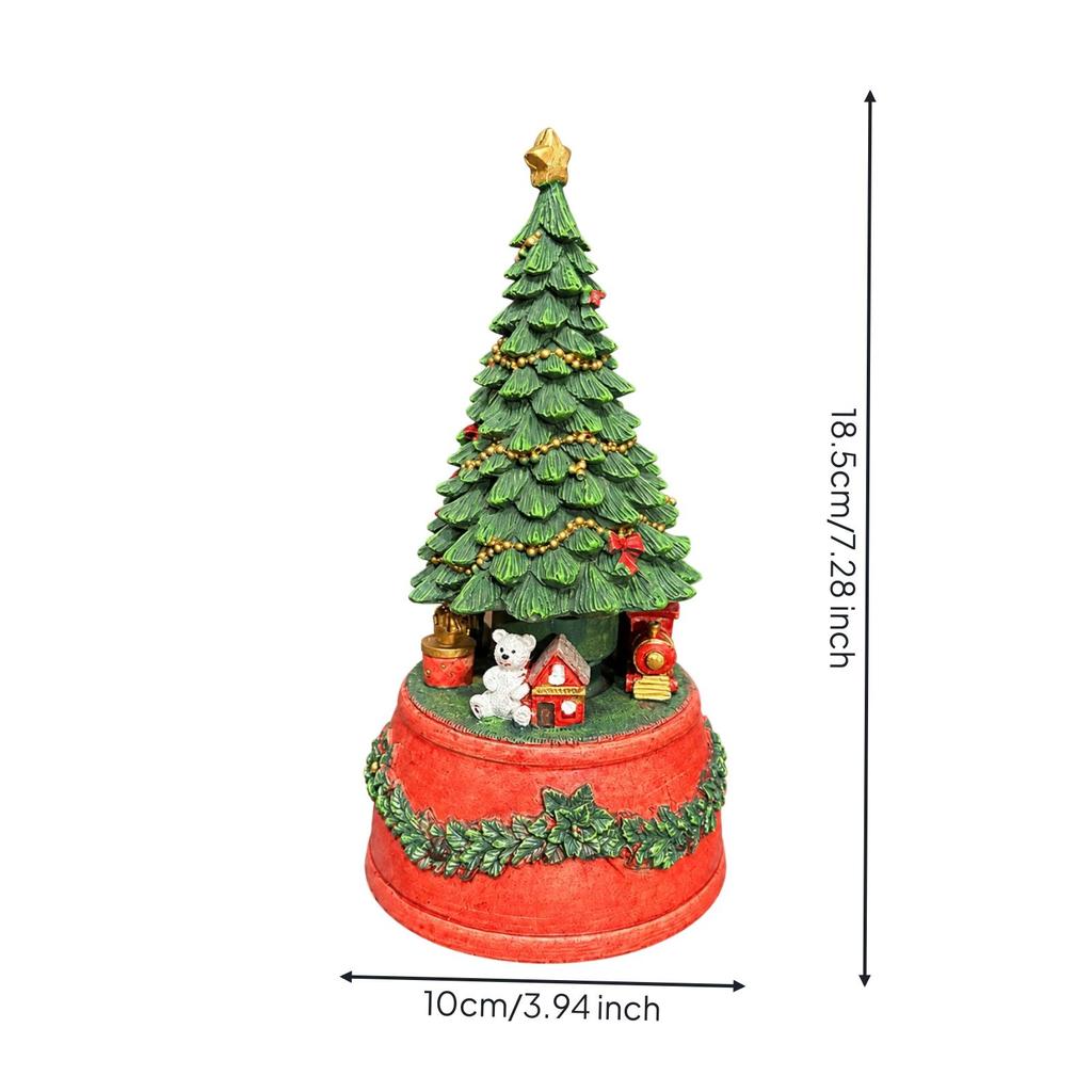 Holiday Ornament Festive Carved Conifer Tree Music Box with Decorative Base for Shelf Decoration,