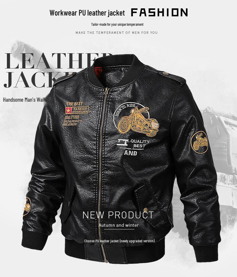 2019 Spring Autumn Slim Fit PU Leather Flight Jacket for Young Men