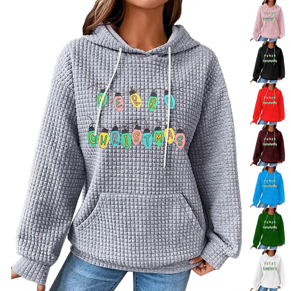 Women's Fashion Loose Hooded Pullover Long Sleeve Plaid Sweatshirt With Drawstring, Drop Shoulder, Pocket, Christmas Print Top