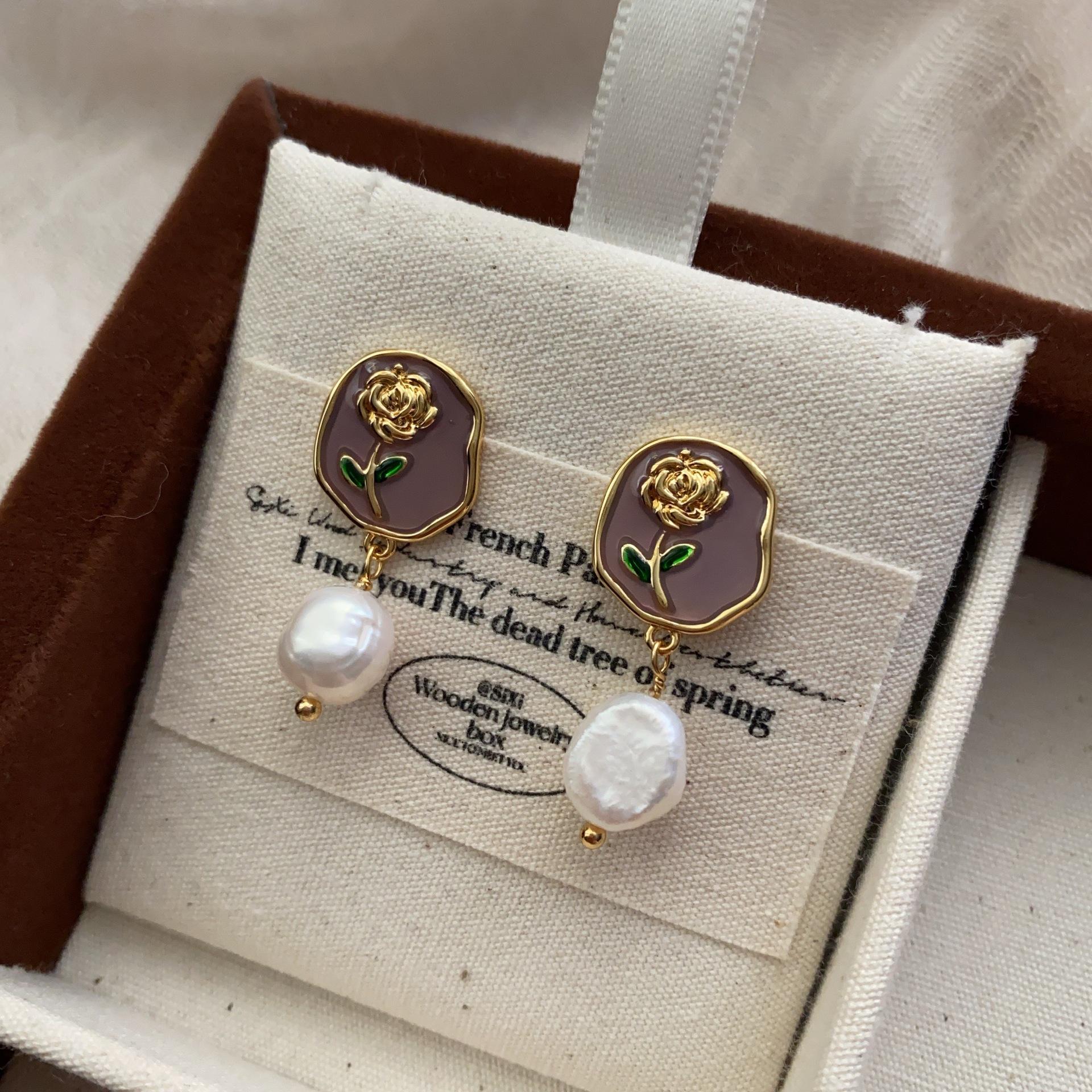High-end niche dry rose flower earrings temperament dripping oil natural pearl stud earrings exquisite niche earrings women s