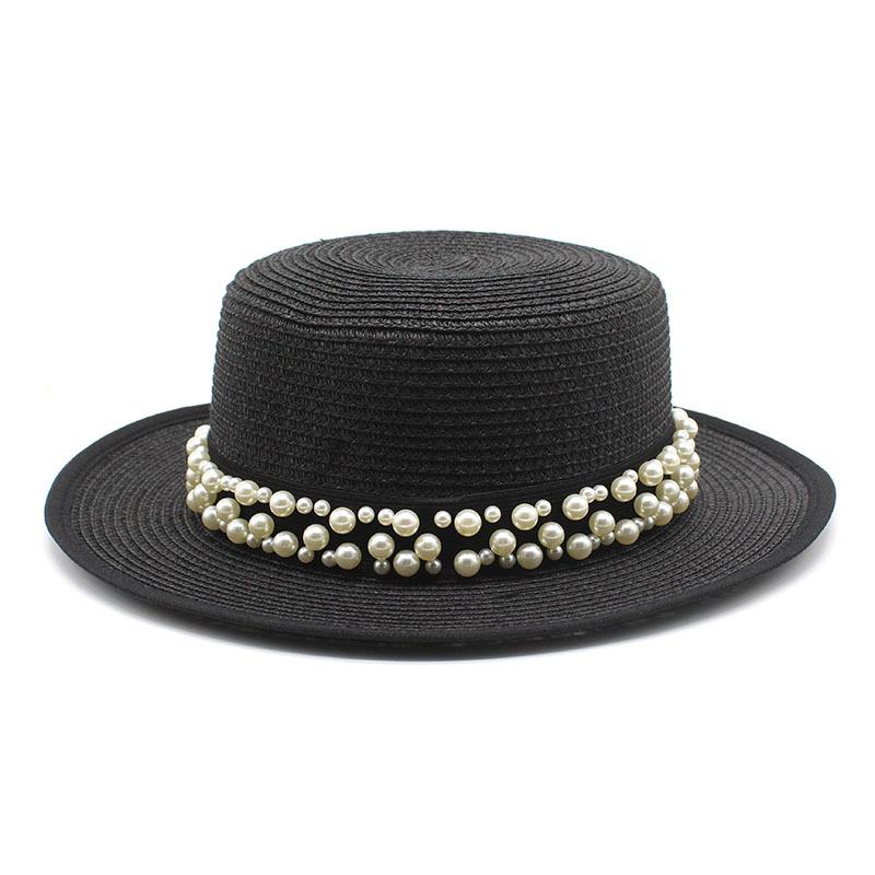 Summer Sunshade Sunscreen Big Brim Top Hat Women'S French Retro Pearl Chain Flat Top Hat Casual Versatile Straw Hat