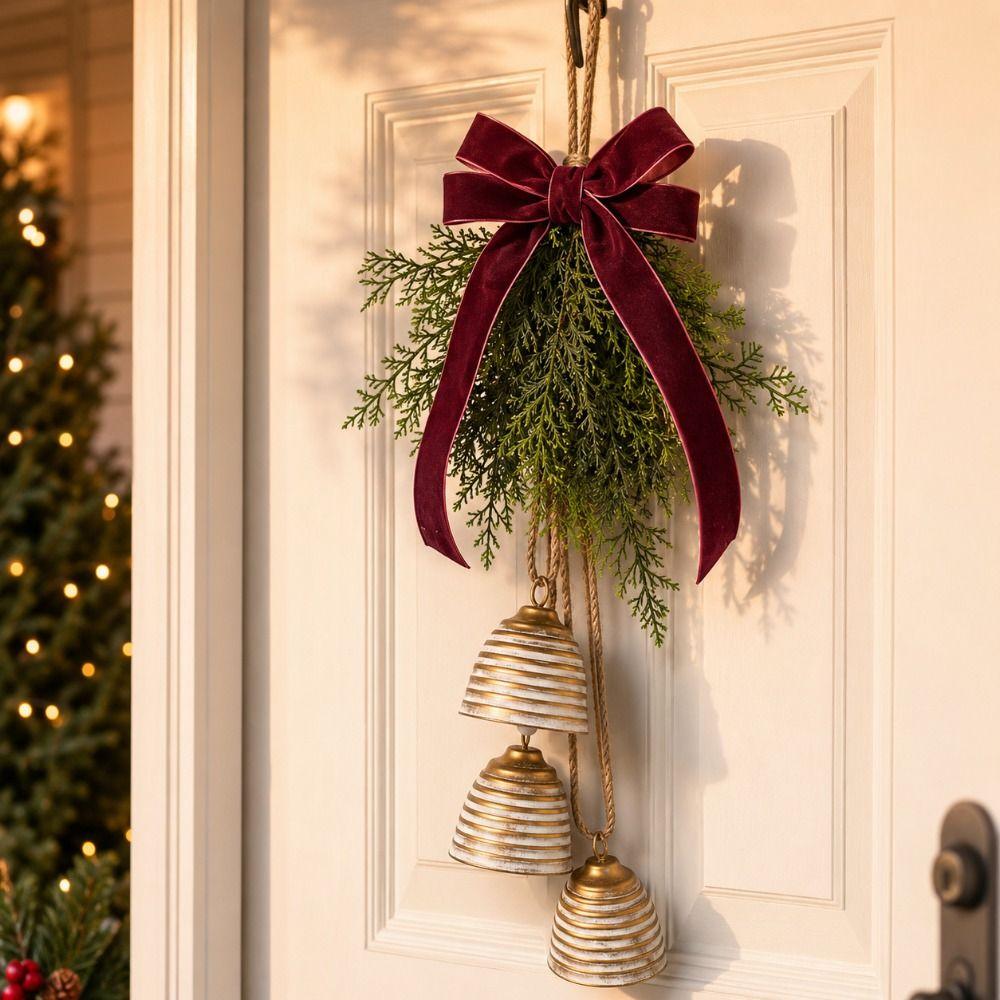 Creative Christmas Bell Pendant Crisp Sound Metal Door Hanging Bell Portable Bowknot Christmas Decoration Bells Entrance Porch