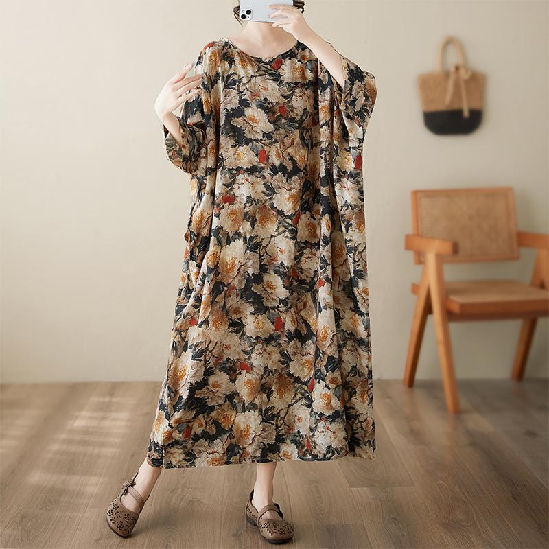 Dimanaf 2025 Summer Dress New Printing Casual Loose Floral Women Vintage Plus Size Dress O-Neck Dress Maxi