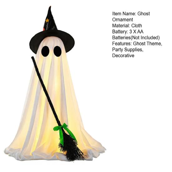 Glowing Ghost Decoration Halloween Light-Up Decoration, Spooky Witch Hat Ornament with LED Yard Light, Broom Decor for Outdoor Lawn Porch Holiday