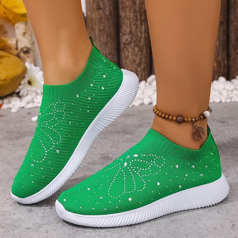 Fashion Crystal Butterfly Knitted Sneakers Women Breathable Slip On Casual Walking Shoes Woman Lightweight Soft Sole Green Sports Shoes