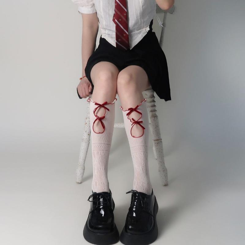 Ladies Spring and Summer Chinese Lovely Double Hollow Lace Lace Bow Fishing Net Calf Socks