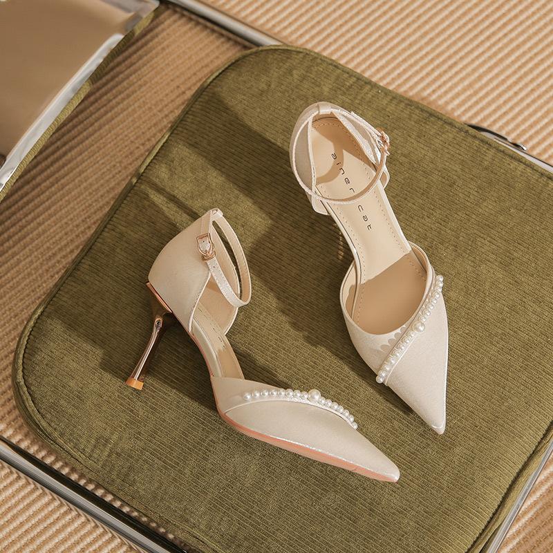 82313 High Heels Women's Thin Heels 2025 Spring New Temperament Pearl One-word Strap Wedding Shoes Pointed Shallow Mouth Single Shoes
