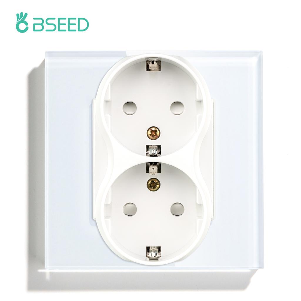 BSEED 1/2/3Gang Touch Light Switch With Power Socket 1Way Double EU Wall Sockets Dual Plug 16A Glass Panel Blue Backlight White
