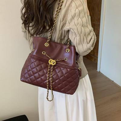 Autunno e inverno nuova borsa a tracolla a rombi con catena, grande capacità, borsa a tracolla da donna, borsa tote con coulisse, alla moda