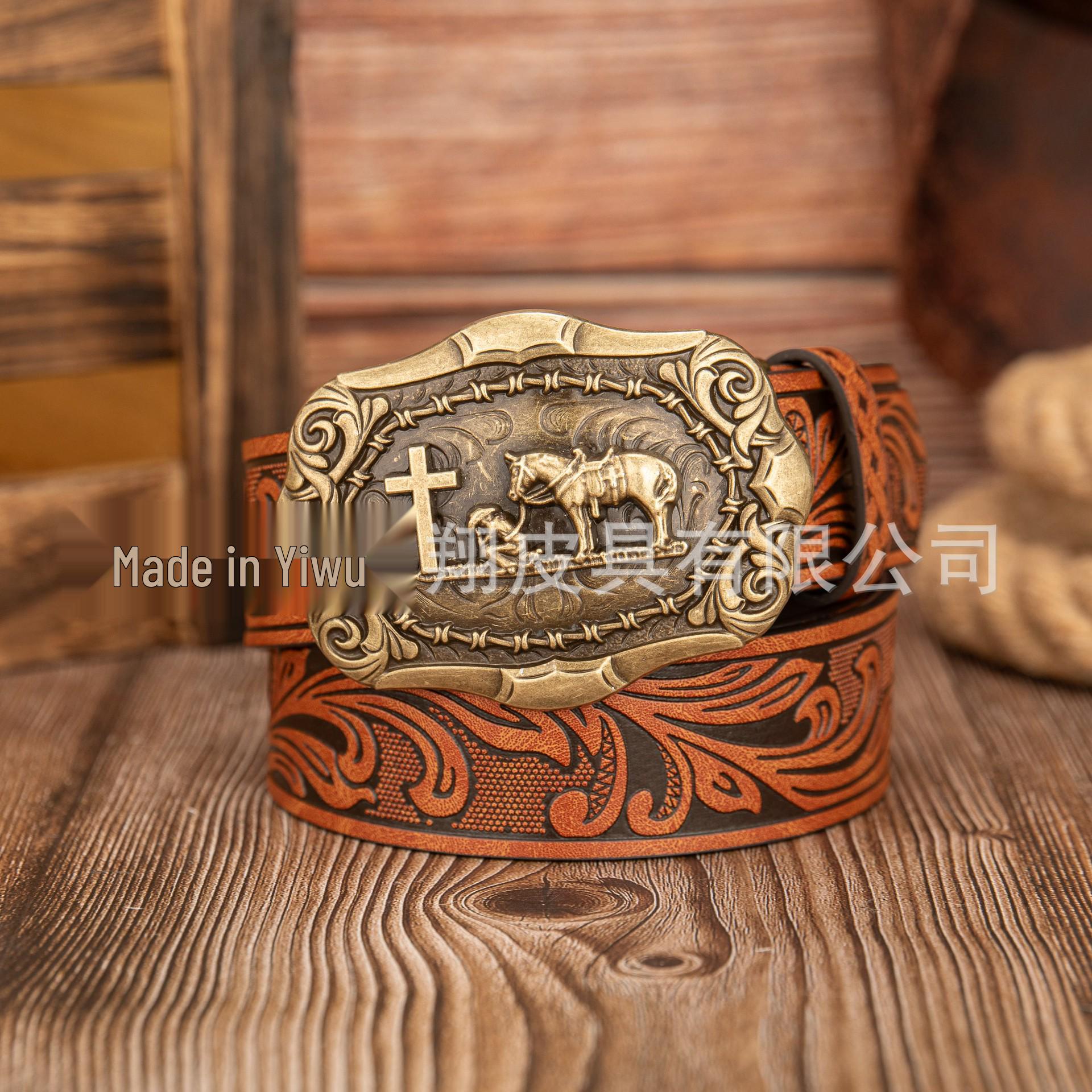 Western Cowboy Rancher Buckle Belt - Retro PU Leather with Symmetric Pattern 120cm