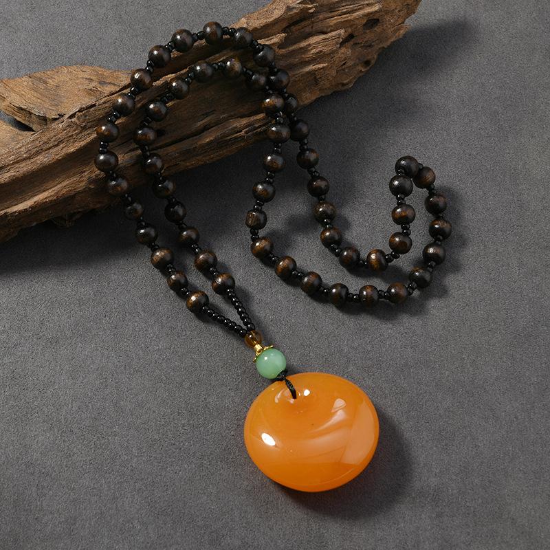 Wood Bead Beeswax Necklace No Matter Brand Pixiu Pendant Chicken Oil Yellow Amber Men's and Women's Long Sweater Chain Pendant