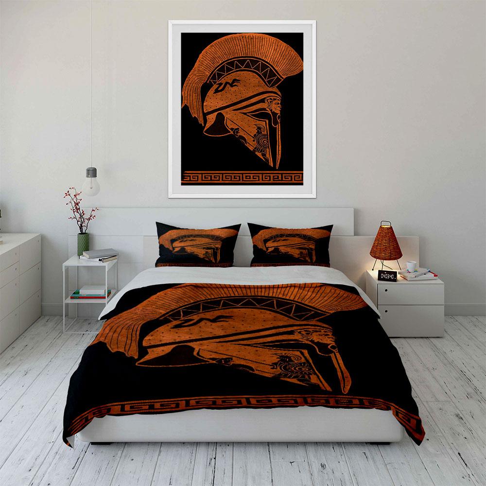 Ancient Greek Warrior Helmet Design Print Bedding Set Duvet Cover Pillowcases (1* Duvet Cover 2* Pillowcases Do Not Include Comforter)