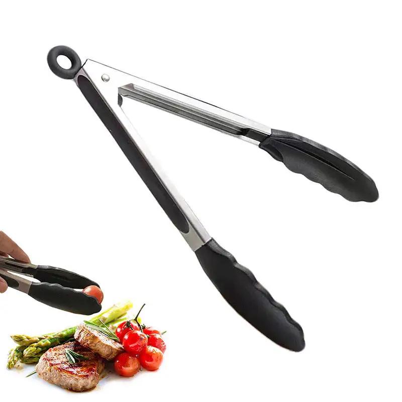 1 Pc Black Silicone Food Tongs, Stainless Steel Food Tongs Outdoor BBQ Clamps for Camping Kitchen Tongs for Baking Steak