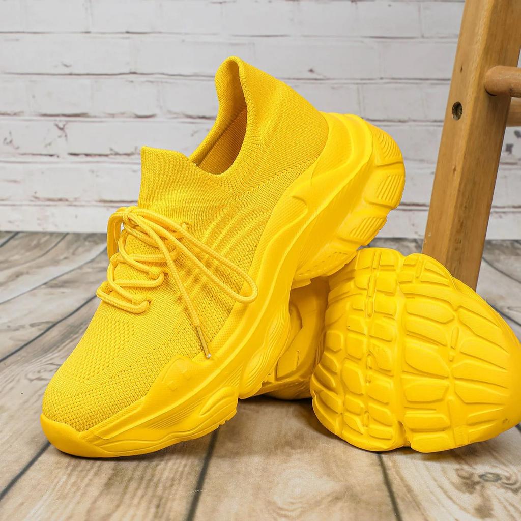 Unisex Chunky Sneakers Breathable Knitted Yellow Platform Running Shoes Lightweight Casual Sports Footwear for Jogging Training