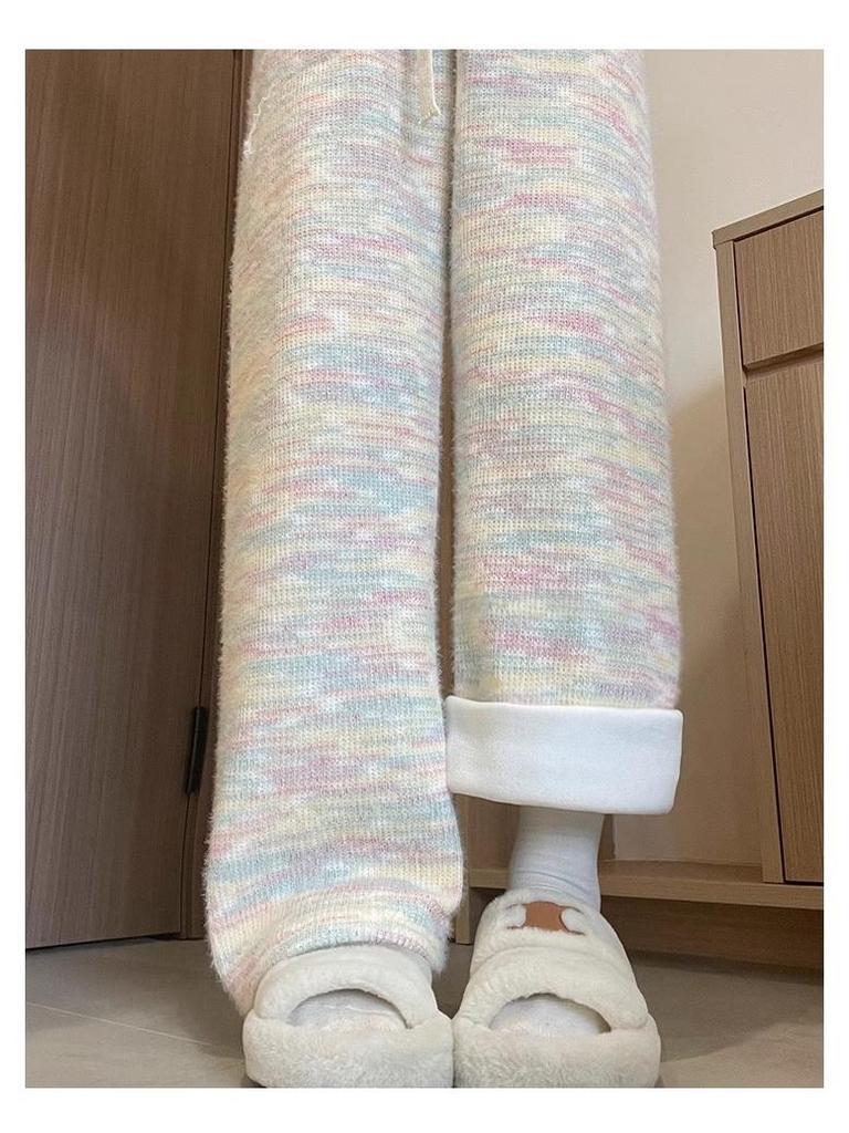 Rainbow High-Waisted Knitted Wide-Leg Pants - Women's Korean Style, Small Size, Autumn/Winter 2025 Collection