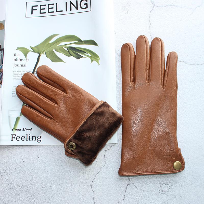 Goatskin Deerskin Gloves Men's Autumn Thin Wool Winter Plus Cashmere Cold and Warm Yellow-Brown Finger Leather Gloves