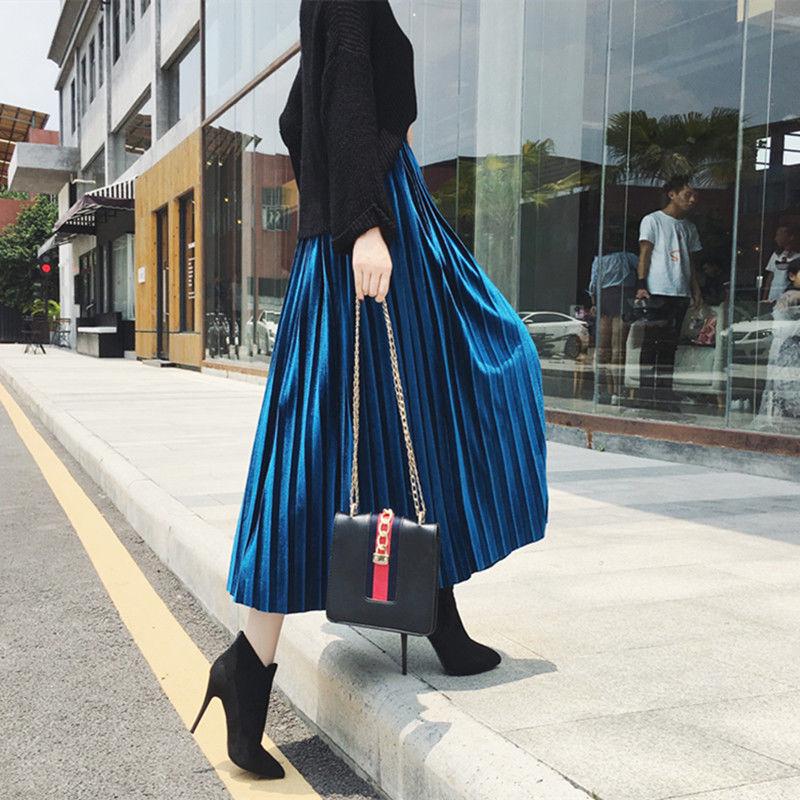 Velvet Pleated High Waist Midi Skirt – Women s 2025 Spring/Autumn Korean Style Trend