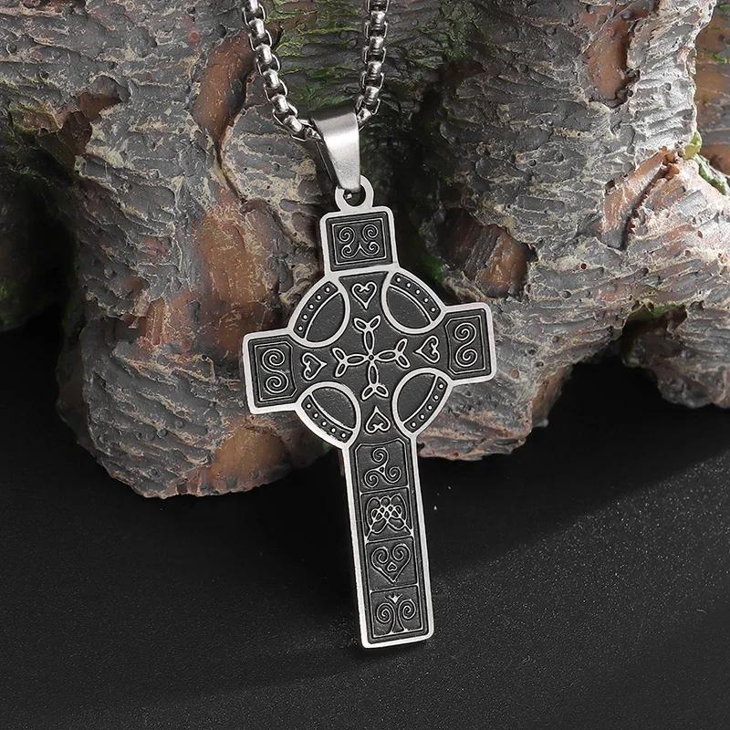 Stainless Steel Irish Celtic Knot Cross Pendant Necklace for Men Women Fashion Lucky Amulet Jewelry