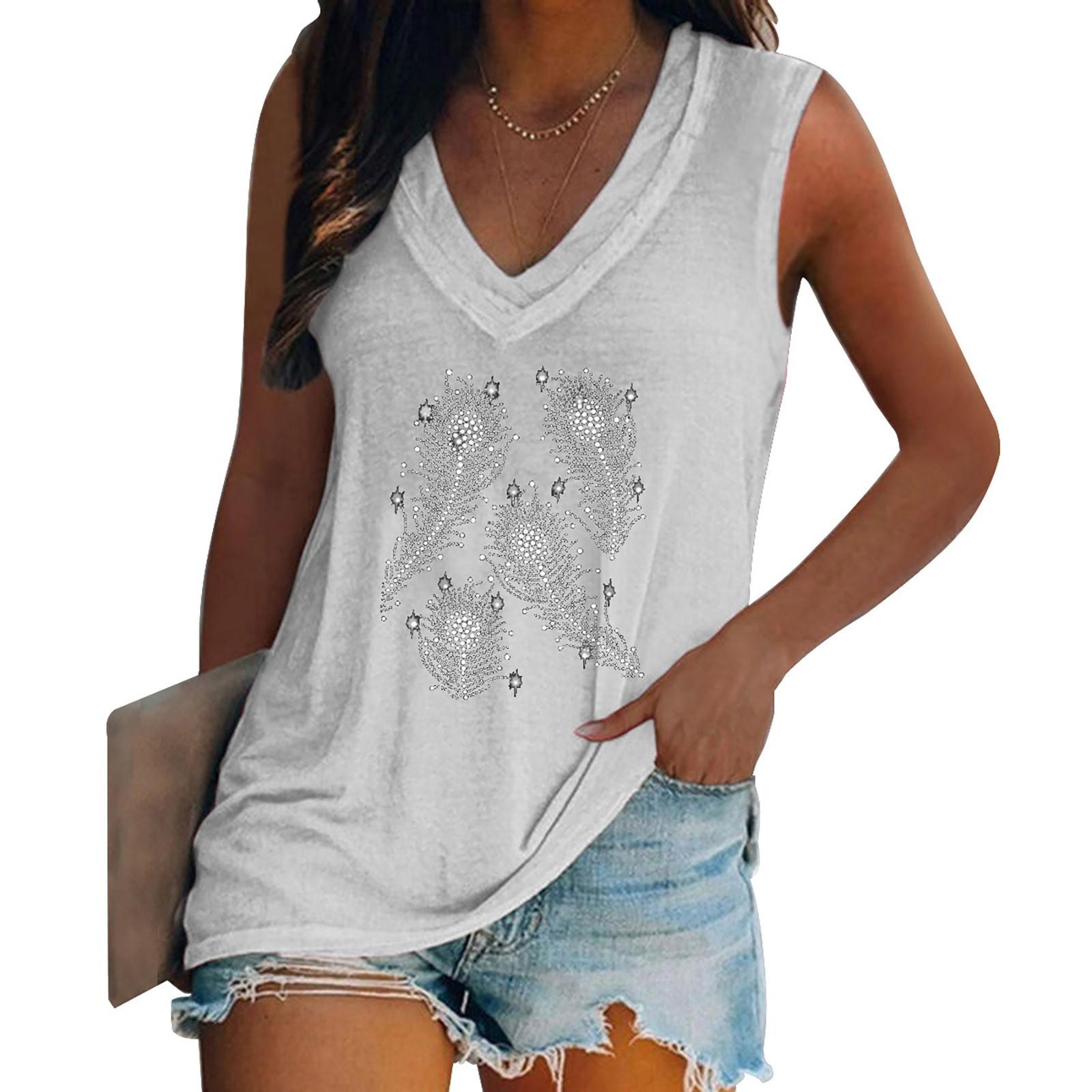 

Women s Fashion V-neck Pullover Sleeveless Casual T-shirt With Iron- Diamonds L білий