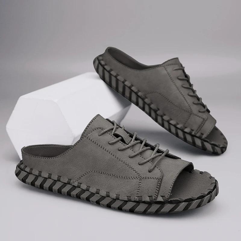 New New Casual Top Leather Slippers Handmade with Personalized Lace Up and Super Fiber Leather Sandals Plus Size 39-46