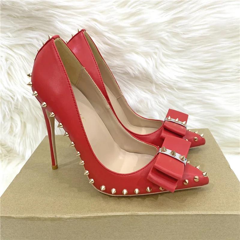 Red Matte Women Pointy Toe High Heel Shoes with Bow Sexy Spikes Rivets Stiletto Pumps 8cm 10cm 12cm Colors Customize 34-46